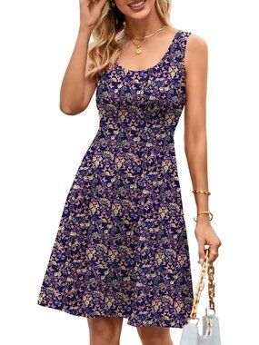 Women's Purple Flower A line Sleeveless Wide Strap High Waist Tank Midi Dress
